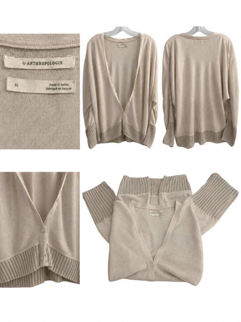 Anthropologie Cream & Grey Colorblock Lightweight Knit Cardigan Sweater XL